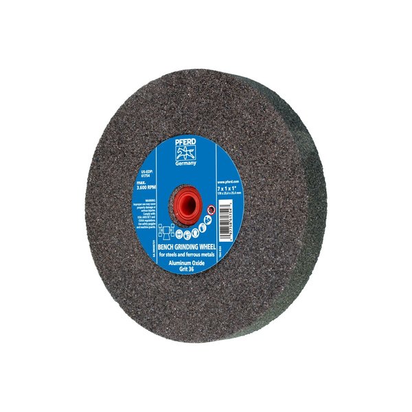 Pferd 7" x 1" Vitrified Bench Wheel - 1" A.H., Aluminum Oxide, 36 Grit 61754